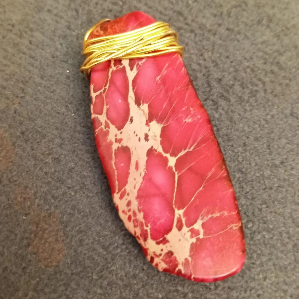Hand crafted Pink turquoise gold plated wire wrapped gemstone pendant